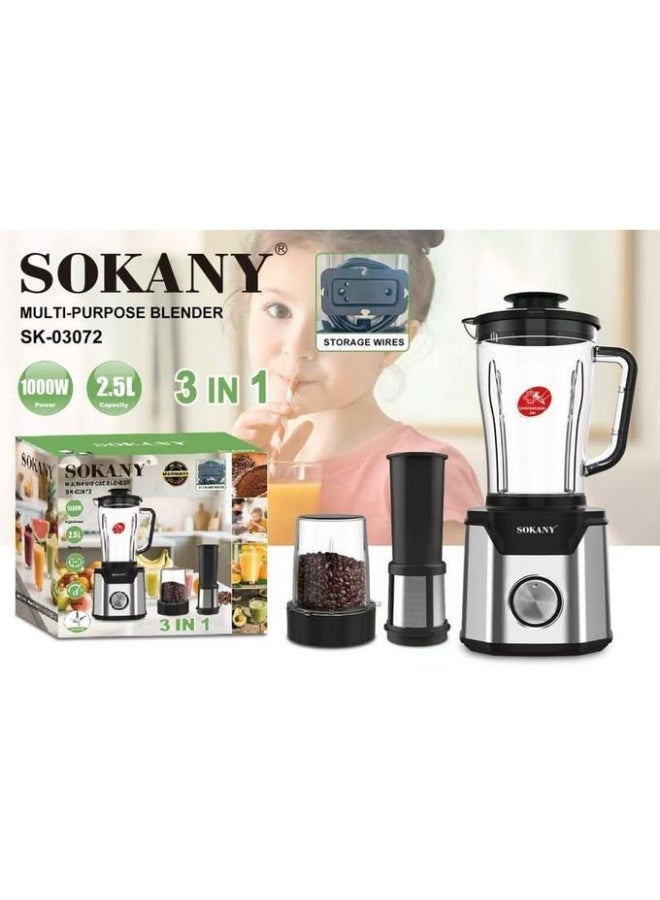Sokany 3-in-1 Stainless Steel Blender, 1000W, 2.5L, Multifunctional (Blender + Grinder + Juicer), 3 Speeds, SK-03072 - Image 1